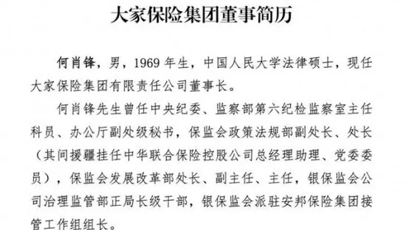 大家保险原董事长何肖锋官网简历悄然撤下，法定代表人变更为孙先亮