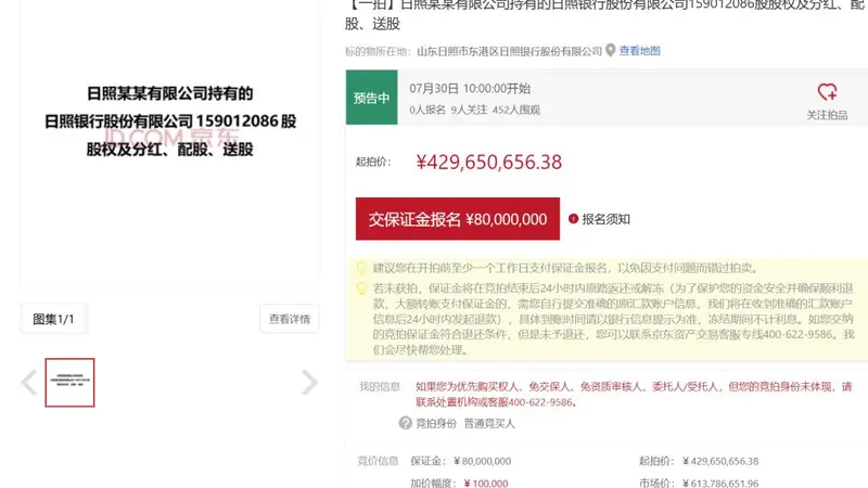 日照银行1.59亿股股权7月底法拍,起拍价4.3亿元
