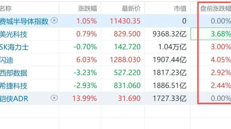 美股盘前存储板块走强 美光、SK海力士涨超3%