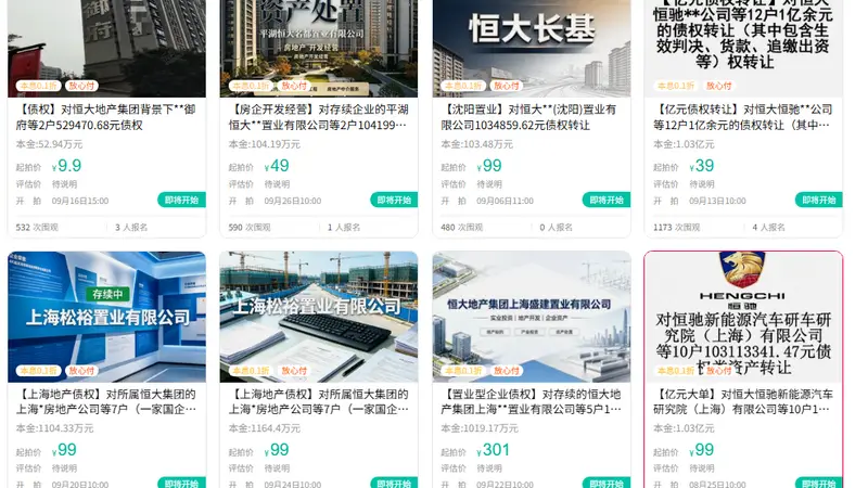 恒大相关债权包拍卖,其中有1.03亿元债权起拍价仅99元