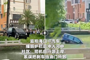 海口一汽车撞毁护栏后冲入河中!司机误把油门当刹车,自己游上岸