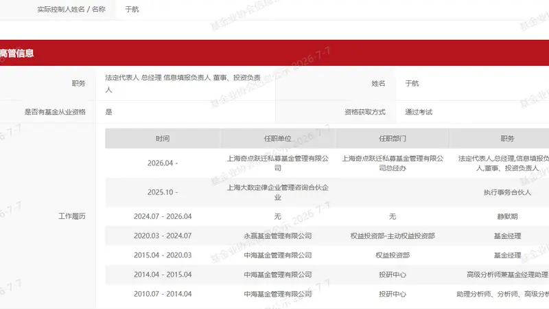 公募基金经理变更潮持续,前永赢基金经理于航创办私募备案,持股平台集结多位前同僚