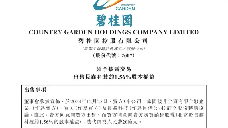 错失400多亿元利润,长鑫科技万亿造富盛宴背后,昔日股东碧桂园成“最失落的人”,将1.56%股权在2024年年底清仓,以9亿元成本入局,资金链断裂后无奈以20亿元清仓
