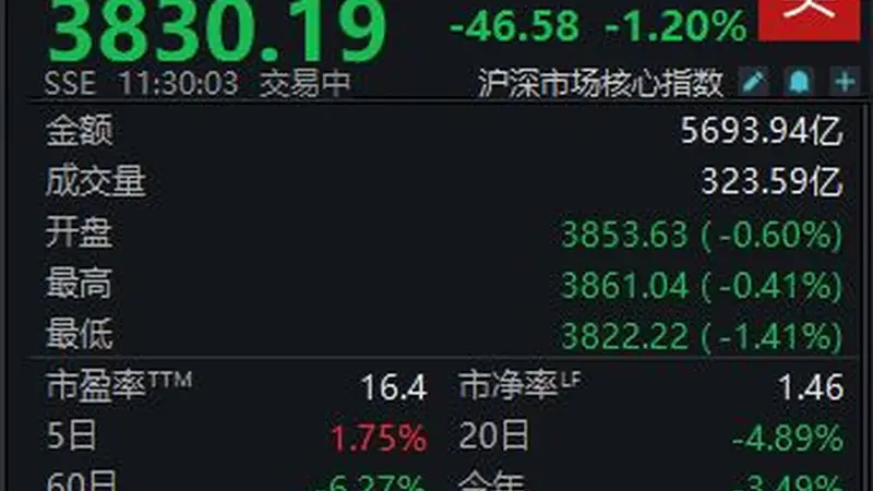 A股震荡调整,沪指半日下跌1.2%