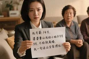 我月薪14万，婆婆让我给小姑子9万，不给就离婚，我让全家愣住！