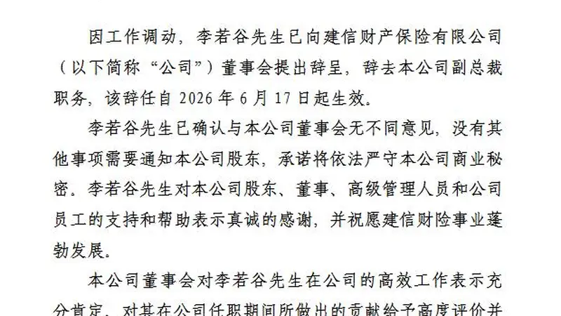 建信财险副总裁李若谷辞任