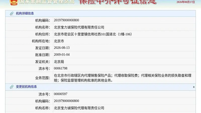 北京宝力诚保险代理有限责任公司换发保险中介许可证,发证日期2026年8月13日