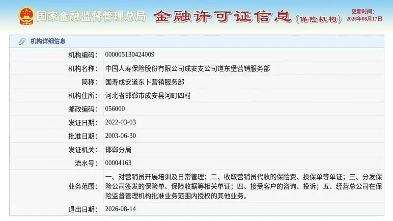 中国人寿保险股份有限公司成安支公司道东堡营销服务部获准退出，退出日期2026年8月14日
