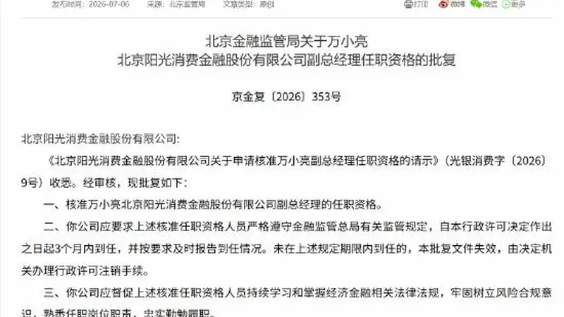 万小亮获批阳光消金副总经理 公司扩表增收不增利