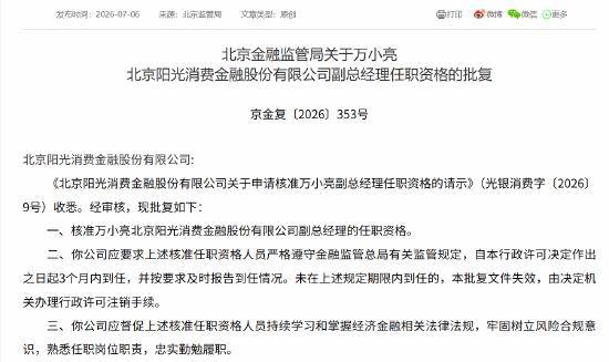 万小亮获批阳光消金副总经理 公司扩表增收不增利