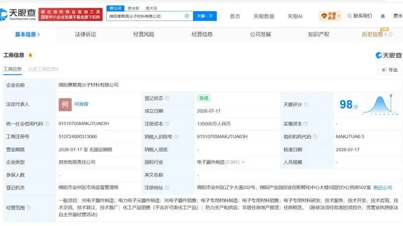 惠科股份等在绵阳成立高分子材料公司 注册资本13.5亿