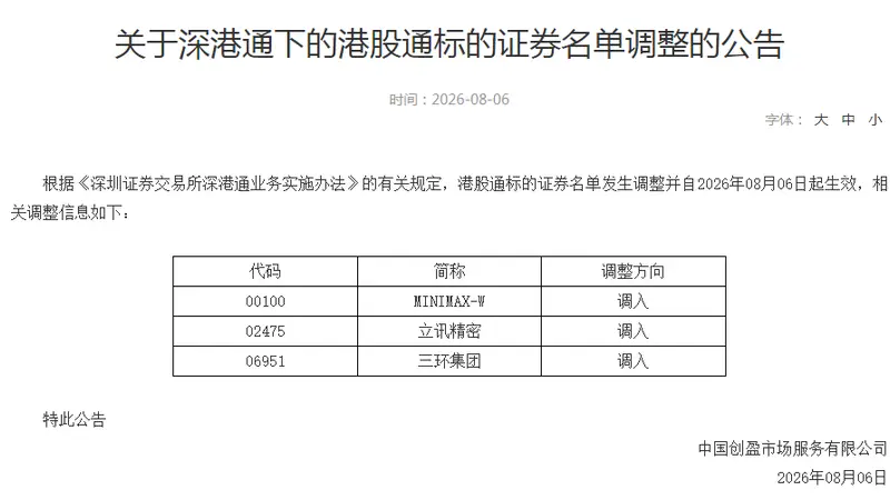 MINIMAX-W、立讯精密、三环集团今起成为港股通标的
