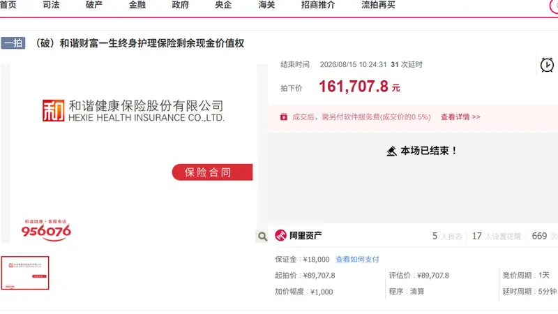 罕见保单拍卖！一张护理险保单账面现金价值约9万，拍出16.17万