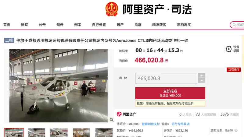 46.6万元起拍!成都一架轻型运动飞机司法拍卖,此前估值83万余元