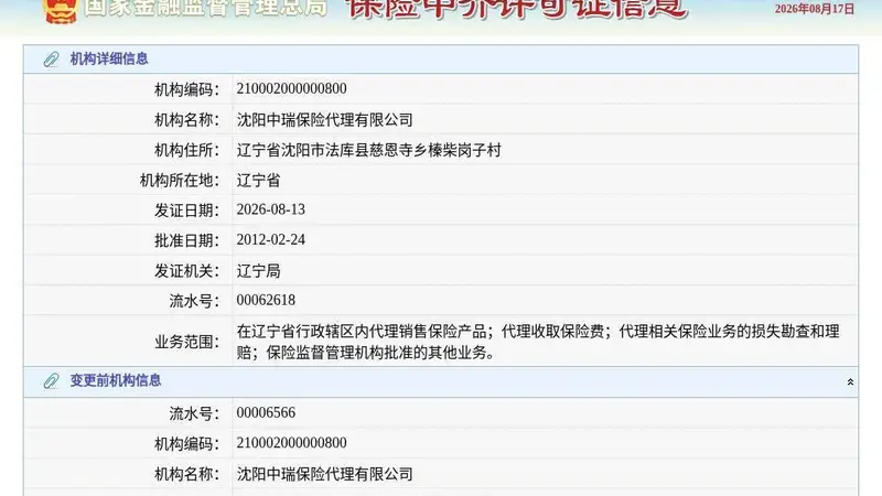 沈阳中瑞保险代理有限公司换发保险中介许可证，发证日期2026年8月13日