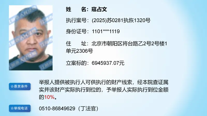演员寇占文被法院悬赏,立案标的6945937.07元,曾出演《春光灿烂猪八戒》《镖人》等