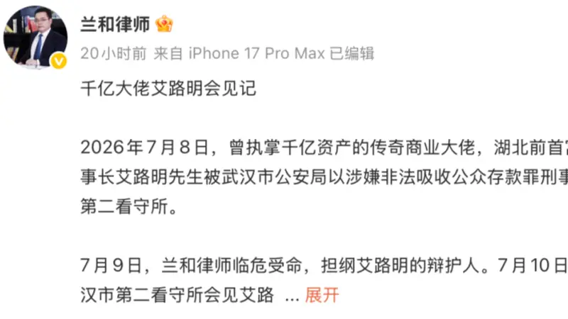 律师称湖北前首富艾路明涉非吸罪被刑拘：曾为博导，掌握“当代系”千亿资产