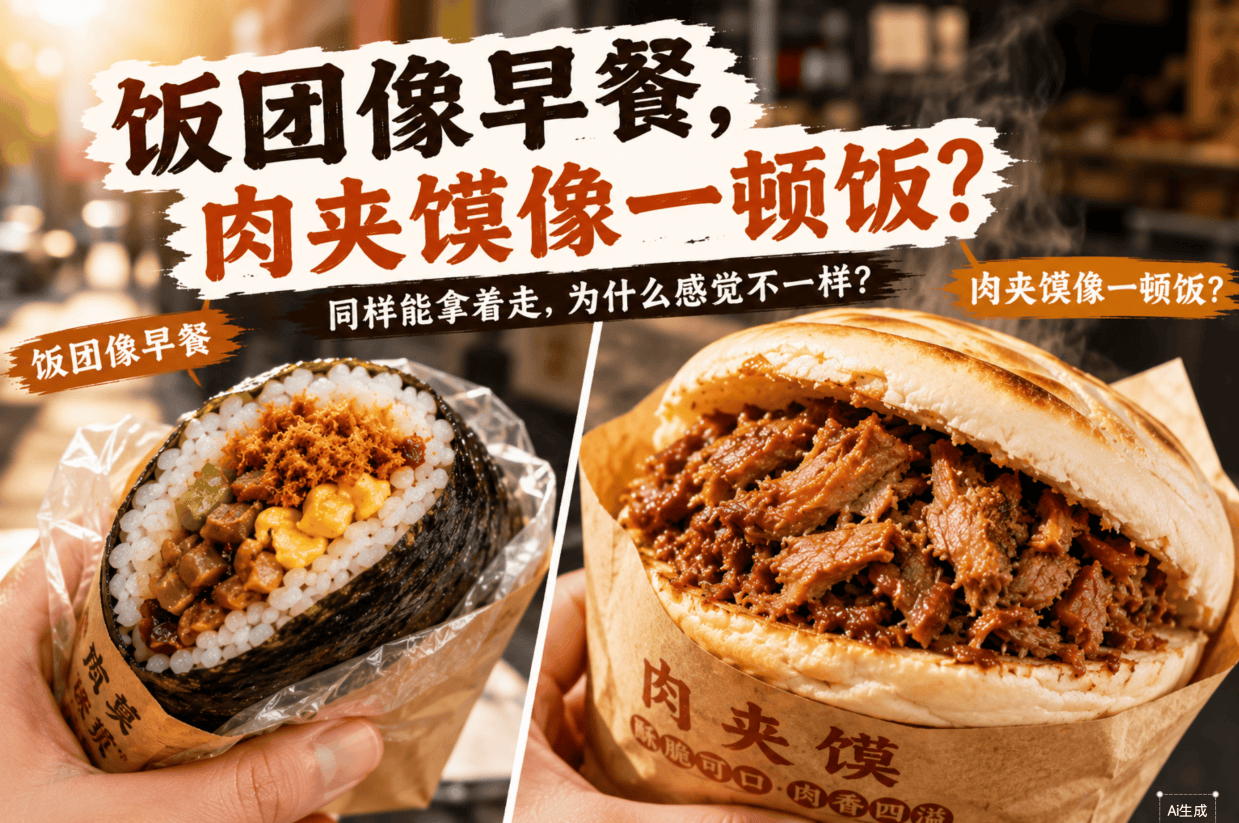 同样能拿着走,为什么饭团像早餐,肉夹馍更像一顿正餐?
