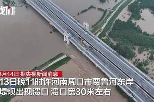 航拍河南周口一桥下堤坝出现溃口,宽30米左右,正堆填石料进行封堵——
