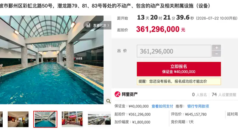 直降9000万!昔日宁波地标东港喜来登酒店将二拍,3.61亿元起拍