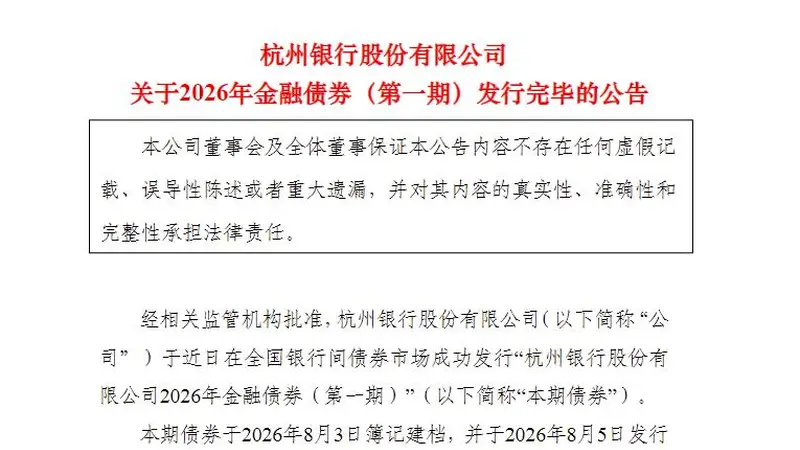 杭州银行完成200亿元3年期金融债发行 票面利率1.57%
