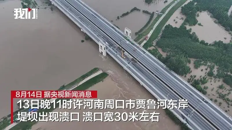航拍河南周口一桥下堤坝出现溃口,宽30米左右,正堆填石料进行封堵——