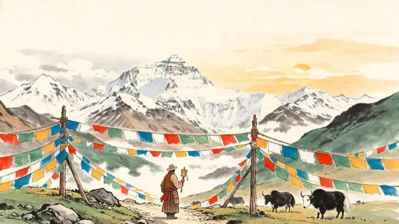 挂经幡——藏区的五色旗，风吹到的地方就念过了经