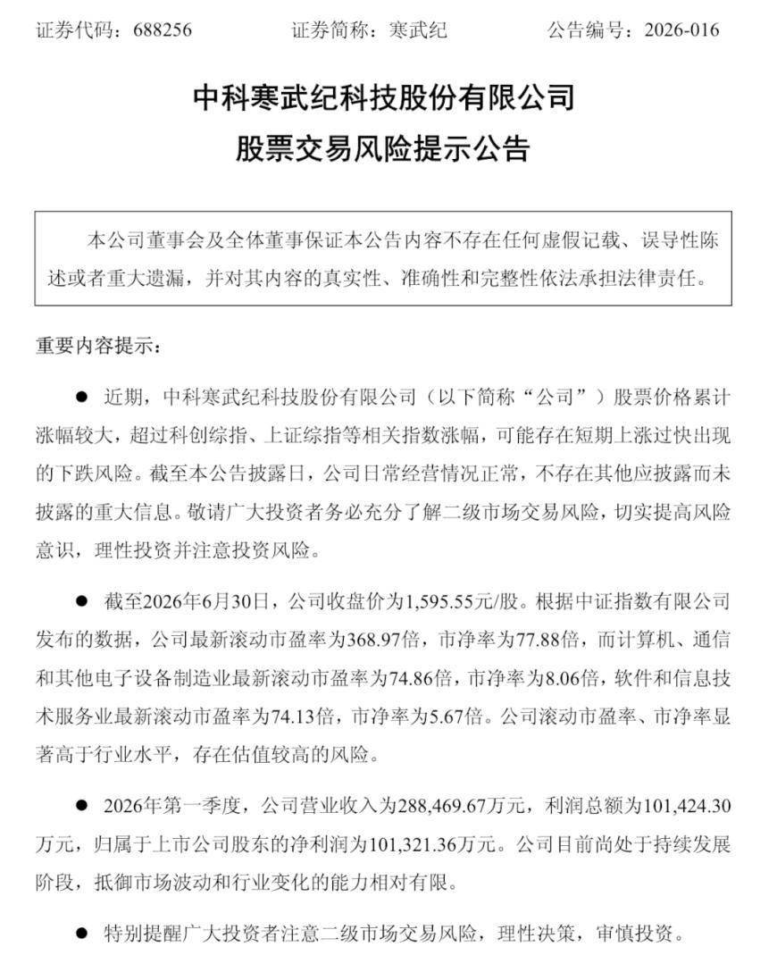 寒武纪紧急公告:可能存在短期上涨过快出现的下跌风险